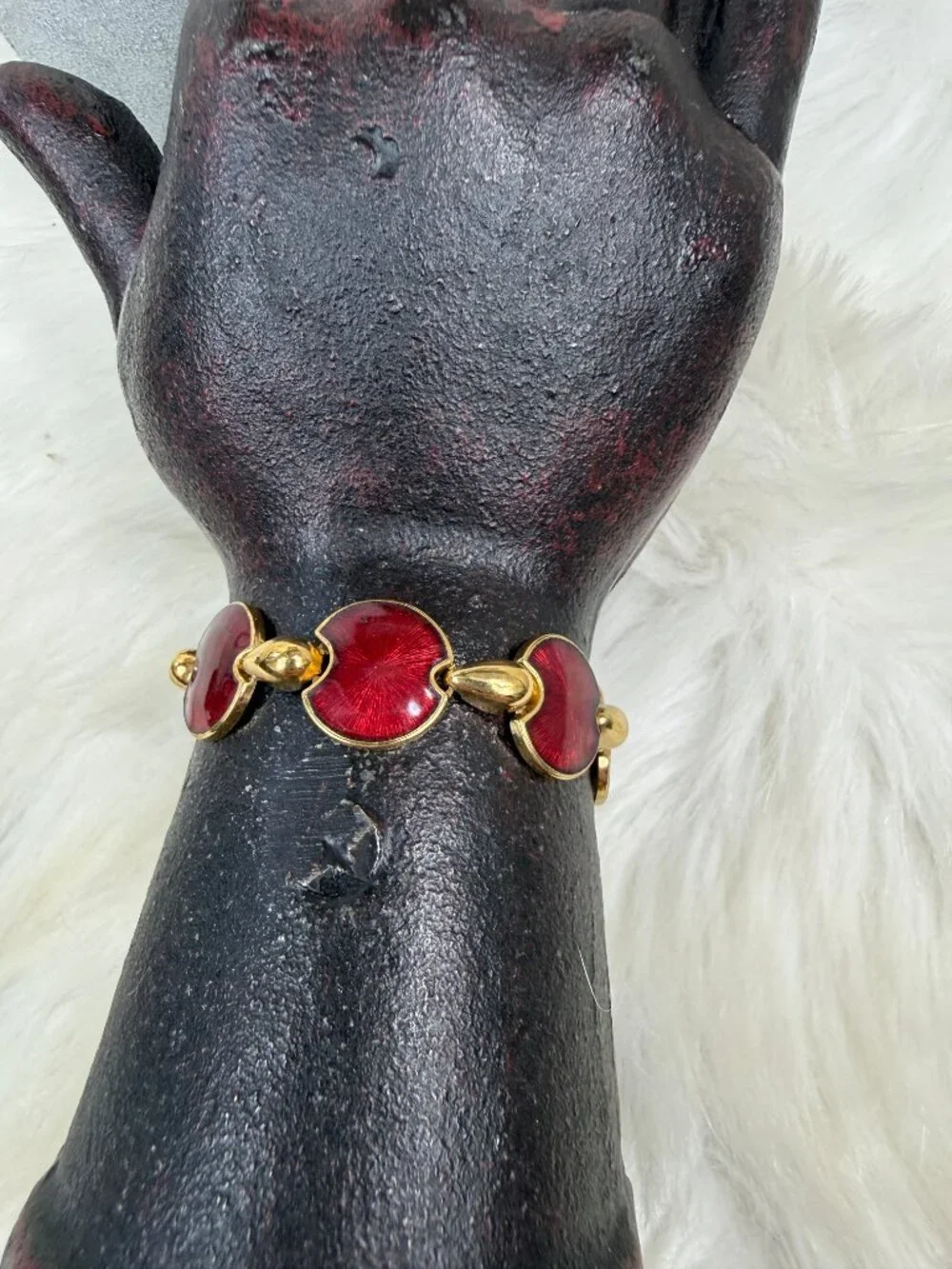 Vintage MCM Red Cherry Enamel Gold tone Link Bracelet 7-7.5